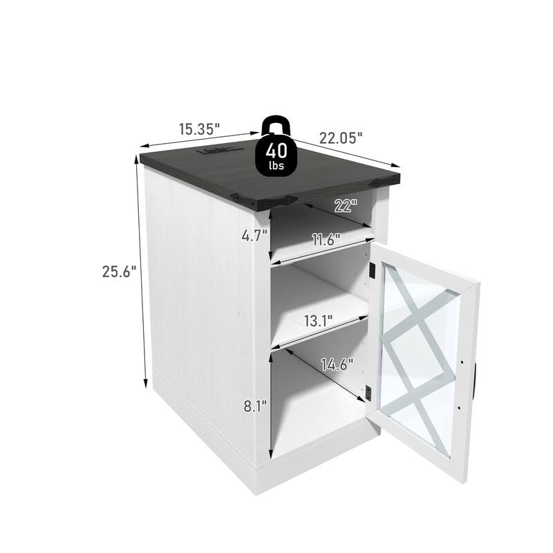 Rustic Farmhouse Nightstand with Charging Station, Adjustable Shelf, and Barn Door Design