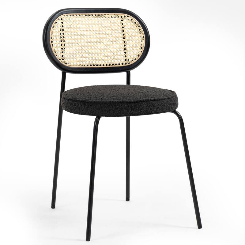 Set of 2 Azem Black Boucle Dining Chair with Rattan Backrest and Chrome Legs