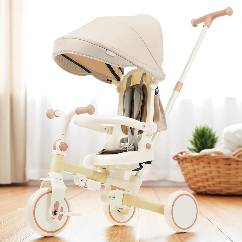 7-in-1 Baby Tricycle for Toddlers Ages 1-6, Foldable Push Trike with Parent Handle, Canopy, Guardrail & Pedals - Yellow