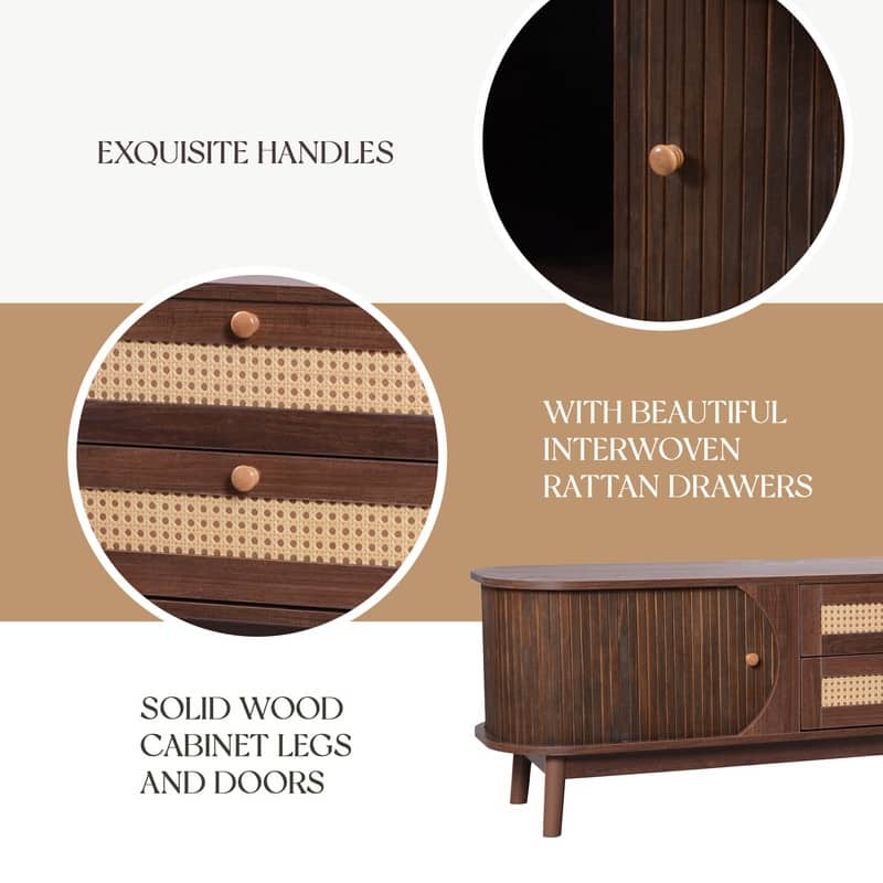 75-inch Rattan TV Stand - Modern Farmhouse Media Console with Solid Wood Legs