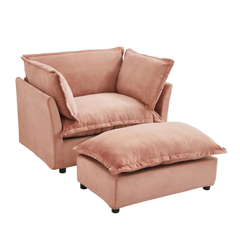Chenille Modern Armchair Sofa with Movable Ottoman, Wide Seat, Curved Armrests, and Removable Cushions