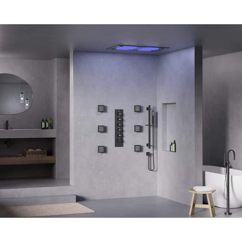 GRANDJOY LUXURY Shower Faucet Set 28"*16" Ceiling Mount Shower Head Body Jets Handheld Spray with Slide Bar LED Music