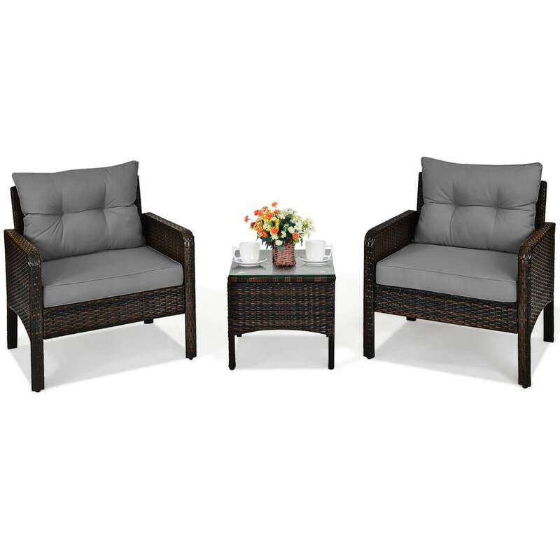 Costway 3 PCS Patio PE Wicker Furniture Set with Cushions and Tempered - See Details