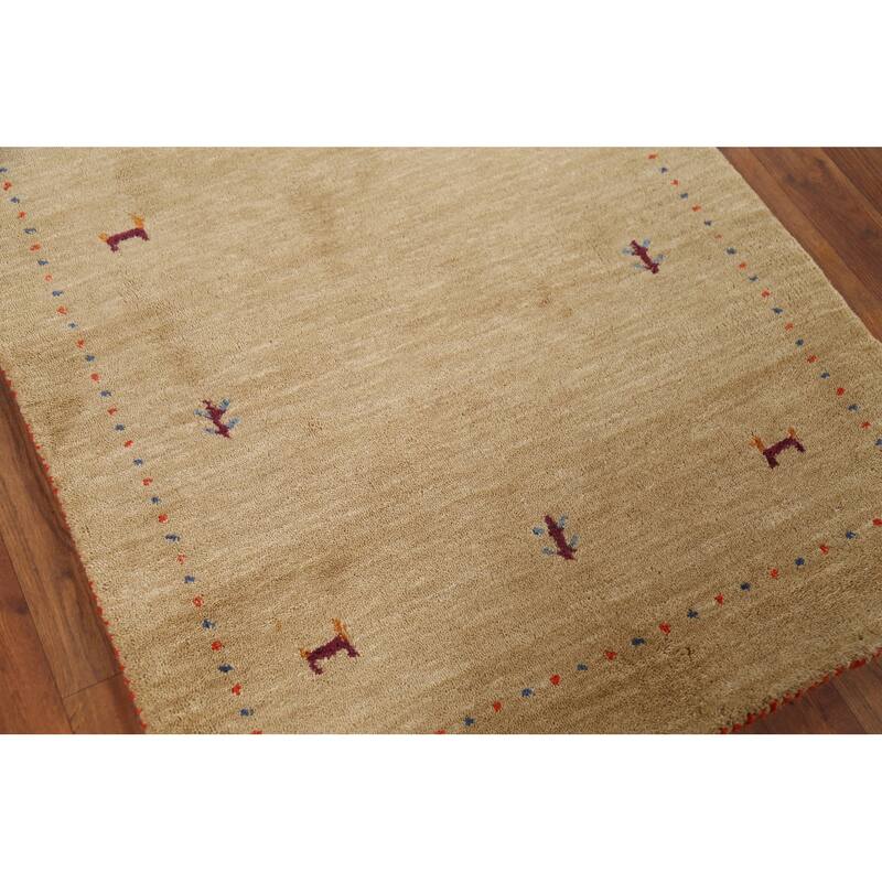 Gabbeh Indian Accent Rug Hand-Knotted Oriental Beige Wool Carpet - 2'11"x 5'3"
