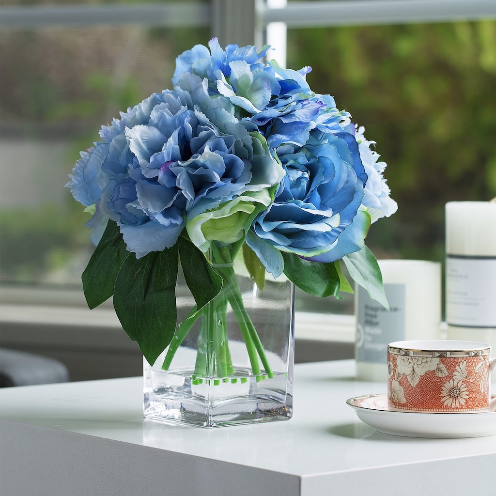 Enova Home Mixed Artificial Peony Roses and Hydrangea Silk Flowers in Clear Glass Vase with Faux Water - 12"H x 10"W