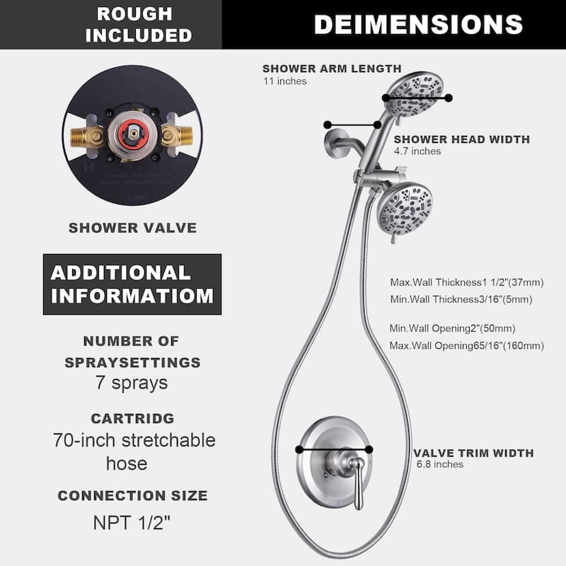 WOWOW 7-spray Wall Mount Dual Shower Head Faucet