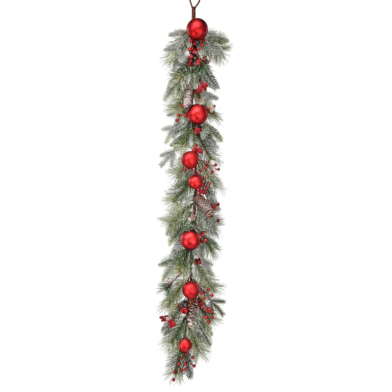 4' X 6" Frosted Pinecone, Berries, and Shatterproof Ball Artificial Christmas Garland, Unlit