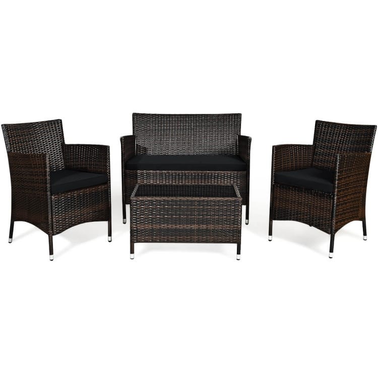 Rattan Patio Conversation Furniture Set with Glass Table and Comfortable Sofa - 4 Pcs - Black