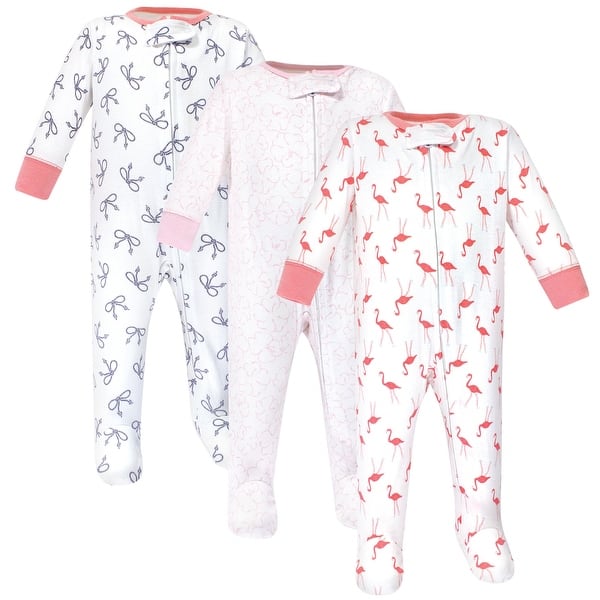 slide 1 of 1, Yoga Sprout Baby Girl Cottton Zipper Sleep and Play 3pk, Flamingo 0-3 Months - Flamingo