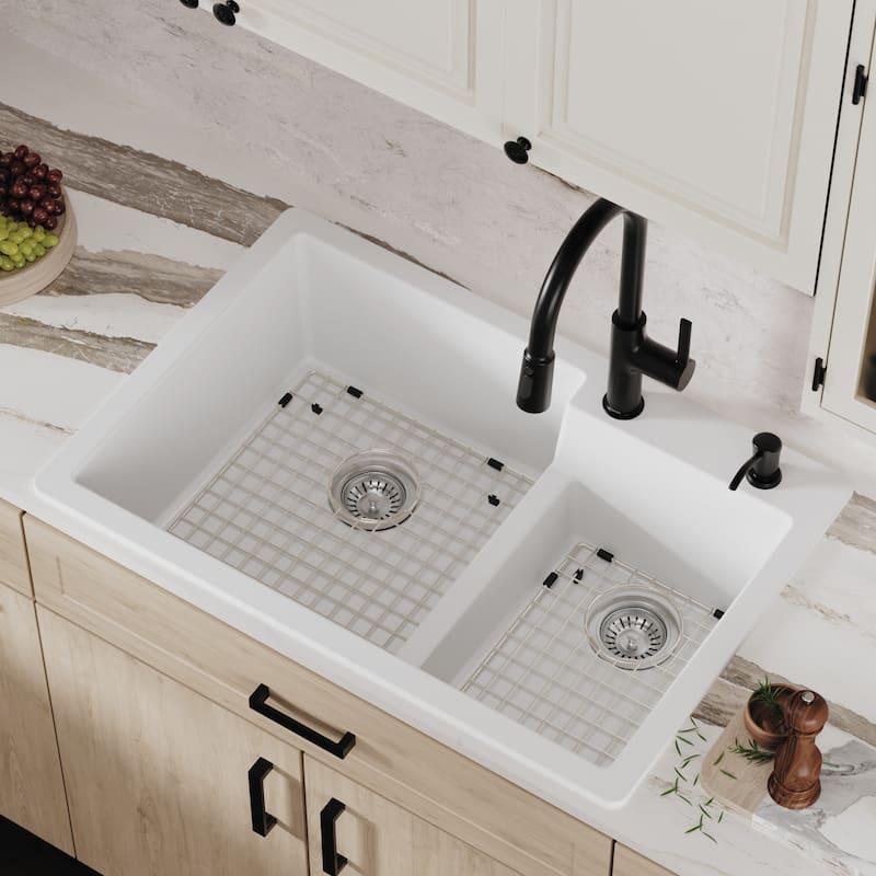 Karran 33" Top Mount Large/Small Bowl Quartz Kitchen Sink Kit - 33" x 22" x 9"