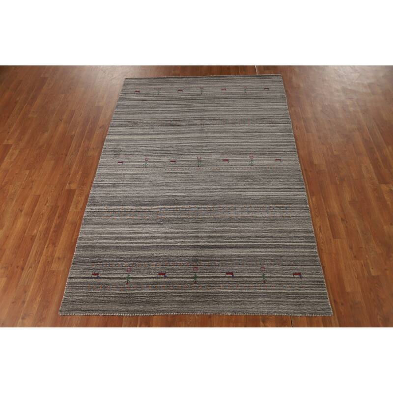 Hand Knotted Oriental 100% Wool Carpet Tribal Animal Pictorial Greys & Charcoal Gabbeh Area Rug - 7' 7'' X 5' 0''