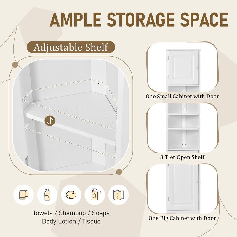 64" MDF 2-door Bathroom Corner Cabinet with Adjustable Shelves
