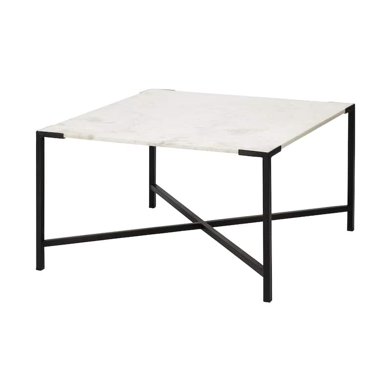 HomeRoots 30" Black And White Genuine Marble and Metal Square Cross Legs Coffee Table - 30