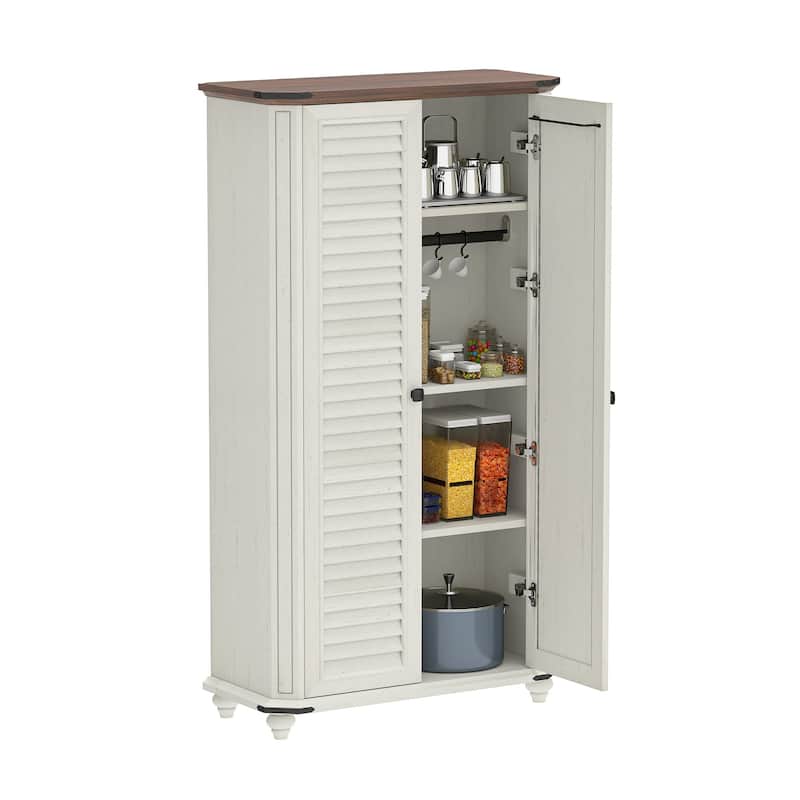Farmhouse Pantry Cabinet with 4-Tier Storage Adjustable Shelves Two Magnetic Doors and Hooks for Kitchen Organization