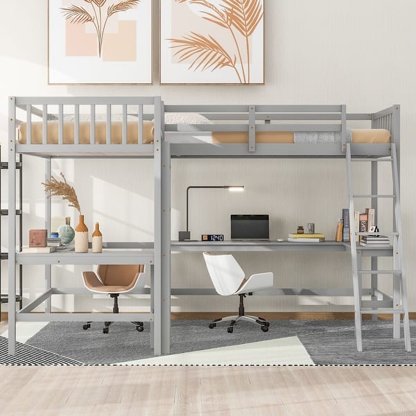 slide 2 of 18, Twin Size L-Shaped Loft Bed with 2 Built-in Desks and 2 Ladders, Wooden Double High Loftbeds Frame for 2, for Kids Teens Bedroom Gray - Twin