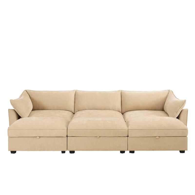 3-Seat Modular Sectiona Sleeper Sofa with Pull out Drawer Under Each Seat & 3 Movable Storage Ottomans
