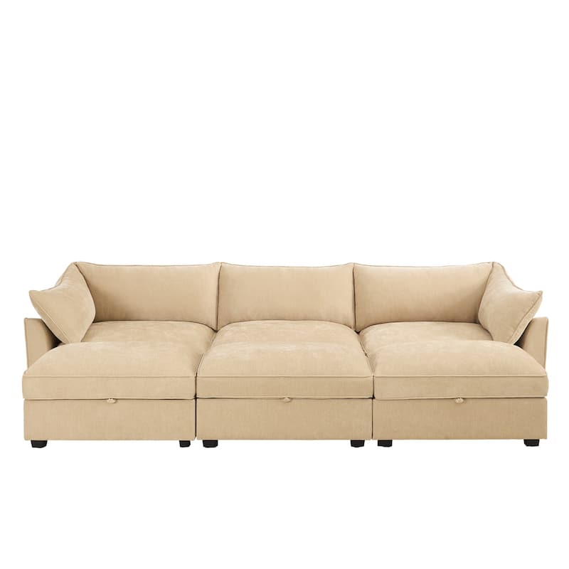 Modular Upholstered Sofa with 3 Ottomans and Storage Drawers, Deep Seat Chenille Sleeper Couch for Living Room, Home Theater