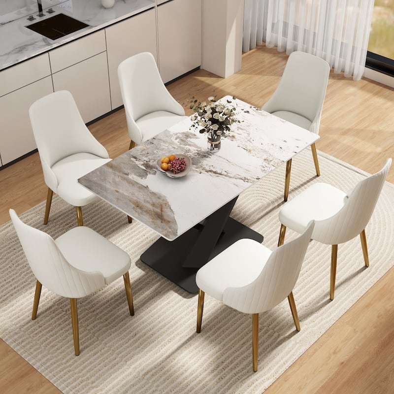 55.12" Modern Artificial Stone Pandora White Straight Edge Black Metal X-Leg Dining Table -6 People - Antique White,Black