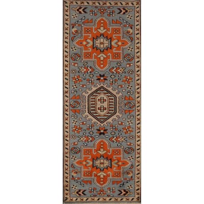 Blue Geometric Heriz Serapi Runner Rug Handmade Hallway Wool Carpet - 2'7" x 7'8"