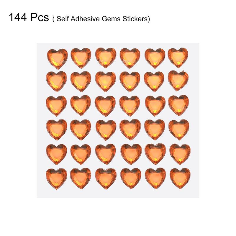 144 Pcs Heart Rhinestone 10mm Self Adhesive Gems Stickers Orange