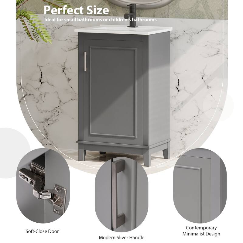 20" Modern Small Bathroom Vanity Cabinet With Ceramic Basin - 20"*15.5"*33.3", Ample Storage, 1 Soft-Close Door