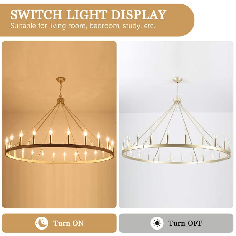 24 - Light 52in. Lagre Dimmable Wagon Wheel Chandelier Farmhouse Round Vintage Candle Style Light - N/A
