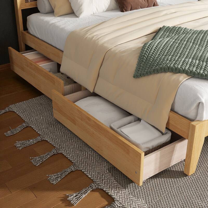 Full/King Size Rubber Wood Bed with Rattan Headboard and 2 Storage Drawers, Solid Frame with Reinforced Support Slats and Feet