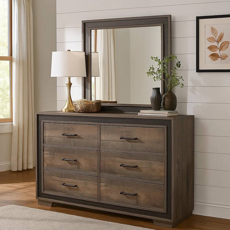 Wooden Dresser with Sled Base and Metal Bar Pulls, Brown