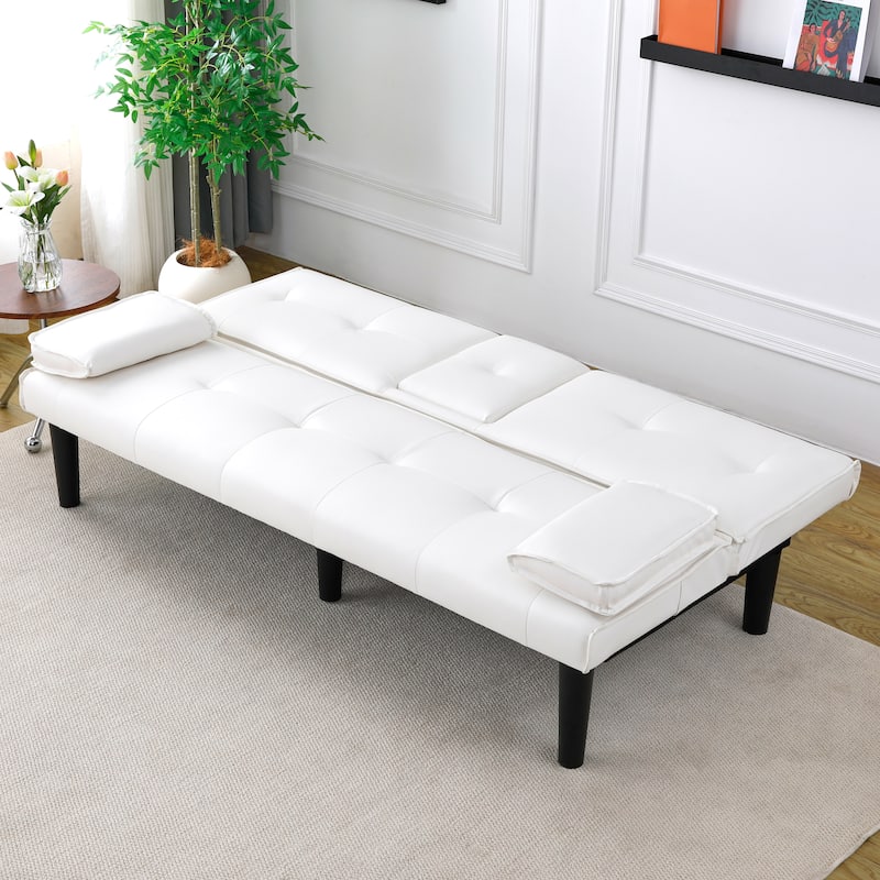 Convertible Loveseat Couch Adjustable Faux Leather Sleeper Sofa Bed with Coffee Table, Cup Holders and Removable Pillow Armrests