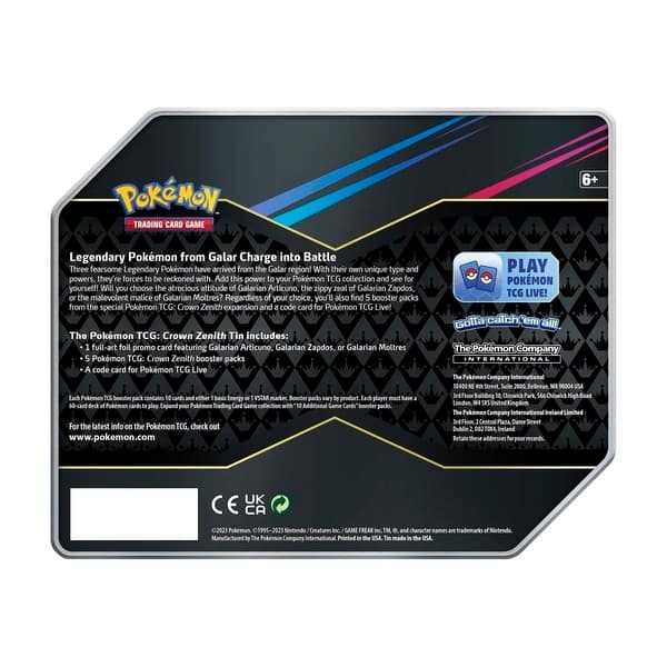 pokemon trading card game crown zenith tin Mini or the malevolent malice of Galarian Moltres Crown Zenith Mini Tin Display