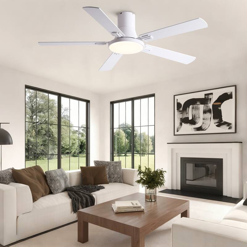 Sofucor 52 Inch Low Profile Flush Mount 5 Blades Ceiling Fan with Dimmable Light and Remote Control - 52 Inches
