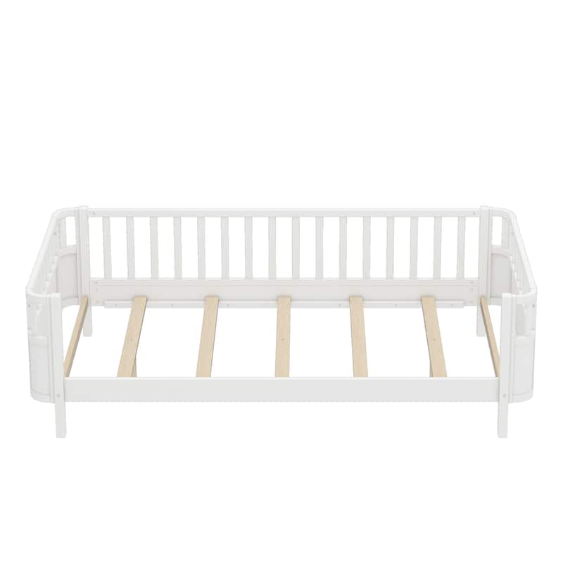 Multi Size Low Platform Bed for Kids with Rounded Corners Guardrails, Detachable Right-side Fence and Open Left-side Design