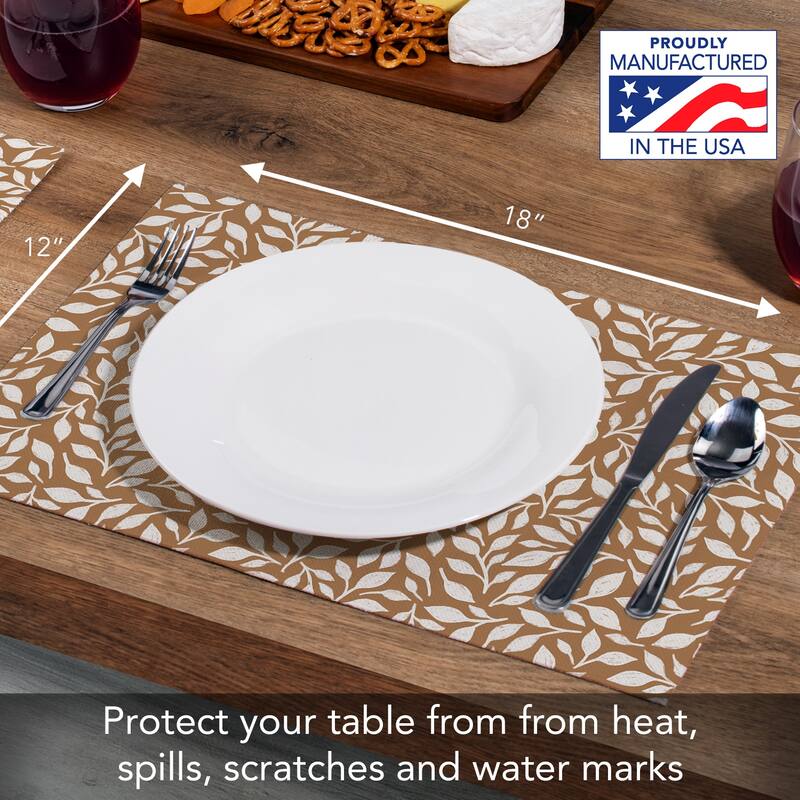 Mocha Leaves 4-Pack Poly-Cotton Blend Placemats Manufactured in The USA Machine Washable Dryer Safe