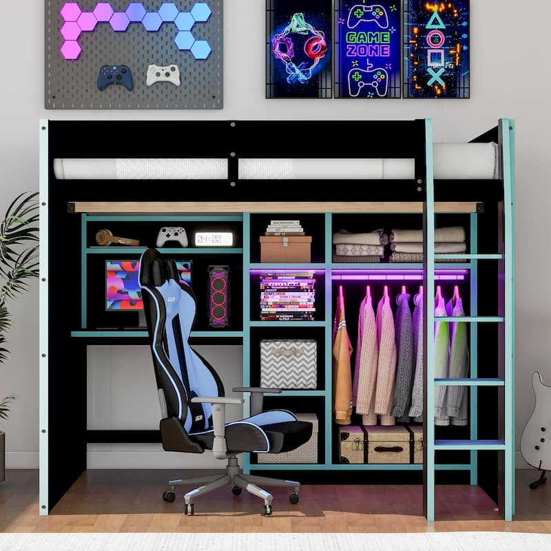 Full-Size Modern Gaming Wooden Loft Bed with RGB Lighting, Desk & Open Storage by Harper&Bright Designs
