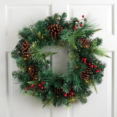 B/O Mixed Pine Berries Christmas Wreath 24" Warm White LED