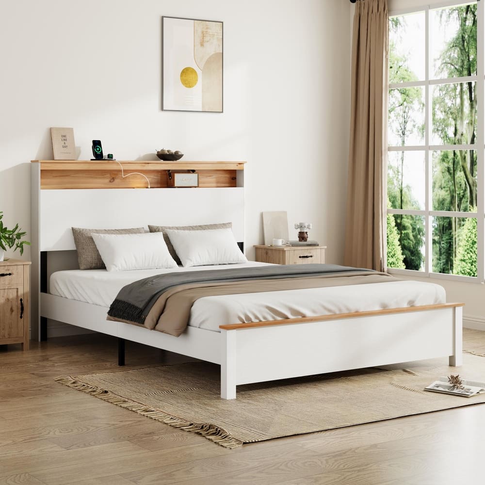 Farmhouse Wooden Bed Frame with Metal Slats, Modern LED Platform Bed Frame with Storage Headboard and Charging Station