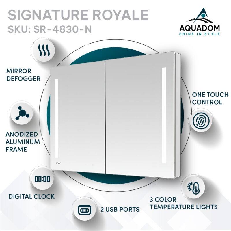 AQUADOM Signature Royale 48W LED Medicine Cabinet Defogger, 3X LED Vertically Adjustable Magnifying Mirror, Electrical Outlets