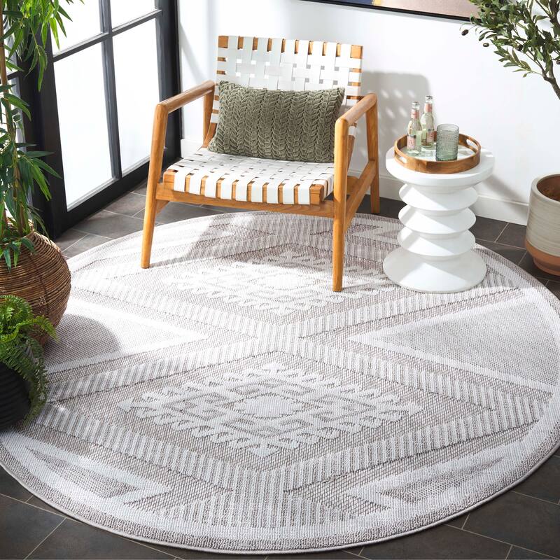 SAFAVIEH Global Sholpan Indoor/Outdoor Waterproof Patio Backyard Rug - 6'7" Round - Grey/Ivory