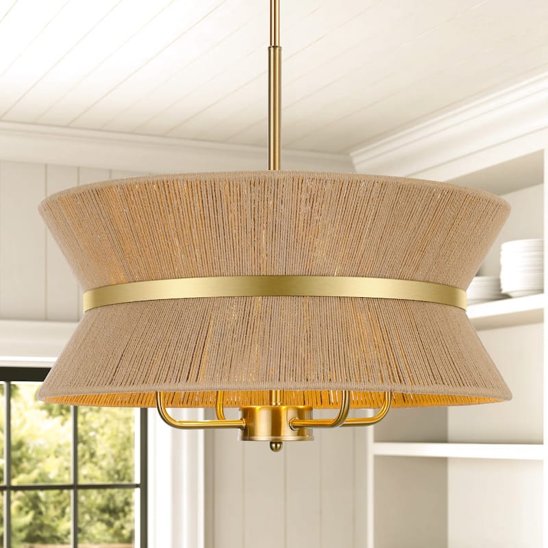 LamQee Large Farmhouse Rattan Chandelier Rope Pendant Light Fixture - Natural Cotton Rope/19.6inch/Hourglass