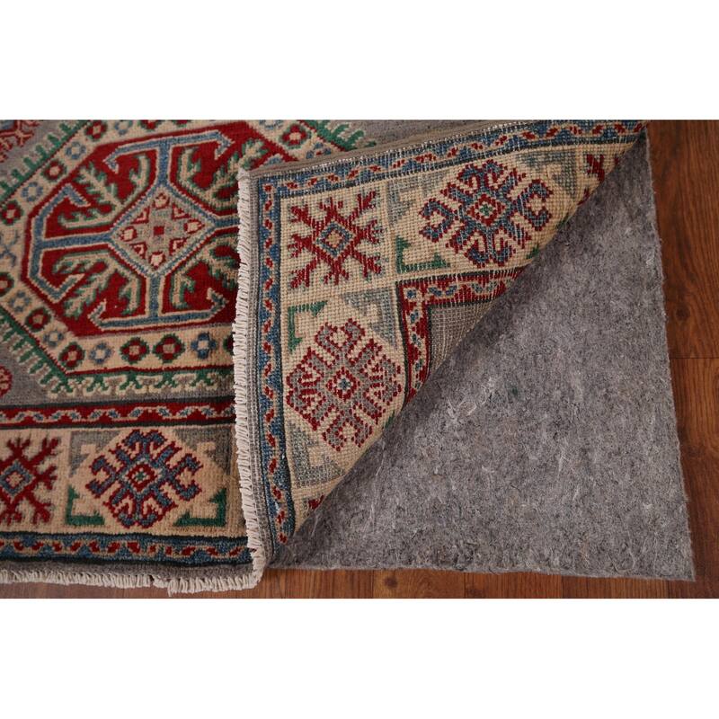 Gray Geometric Kazak Foyer Rug Hand-Knotted Wool Carpet - 3'5" x 4'11"
