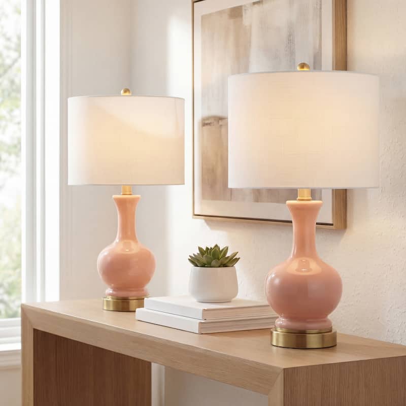 Vermont 22" Glass/Metal LED Table Lamp, White (Set of 2) by JONATHAN Y - Light Coral/Brass Gold/Gold
