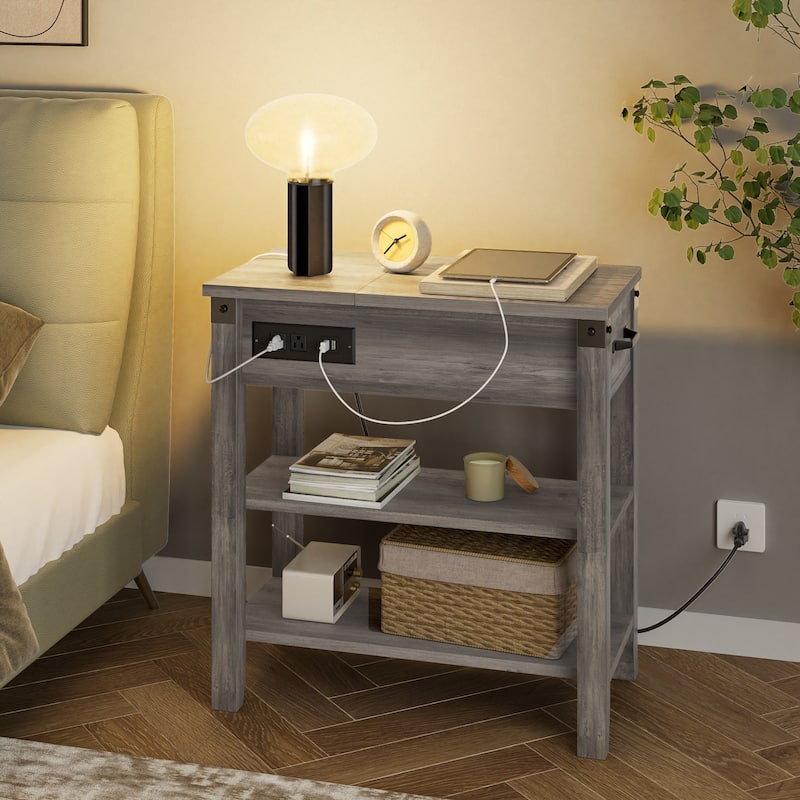 Farmhouse Narrow Side Table with Charging Station Drawer and Storage
