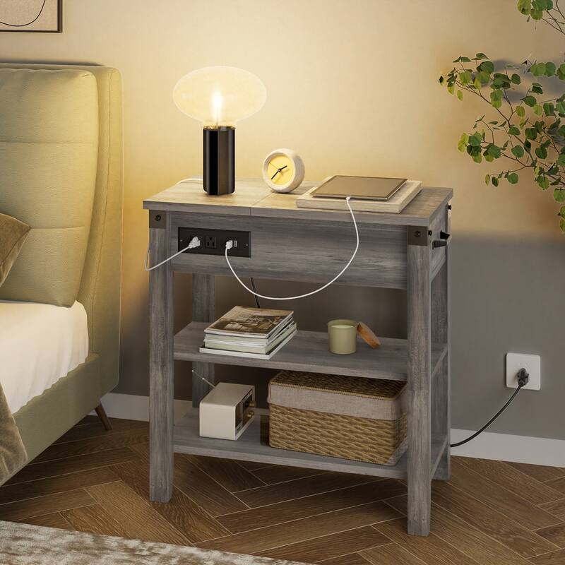 Narrow Side Table with Charging Station Drawer and Storage - 12.5"D x 23.6"W x 24.4"H