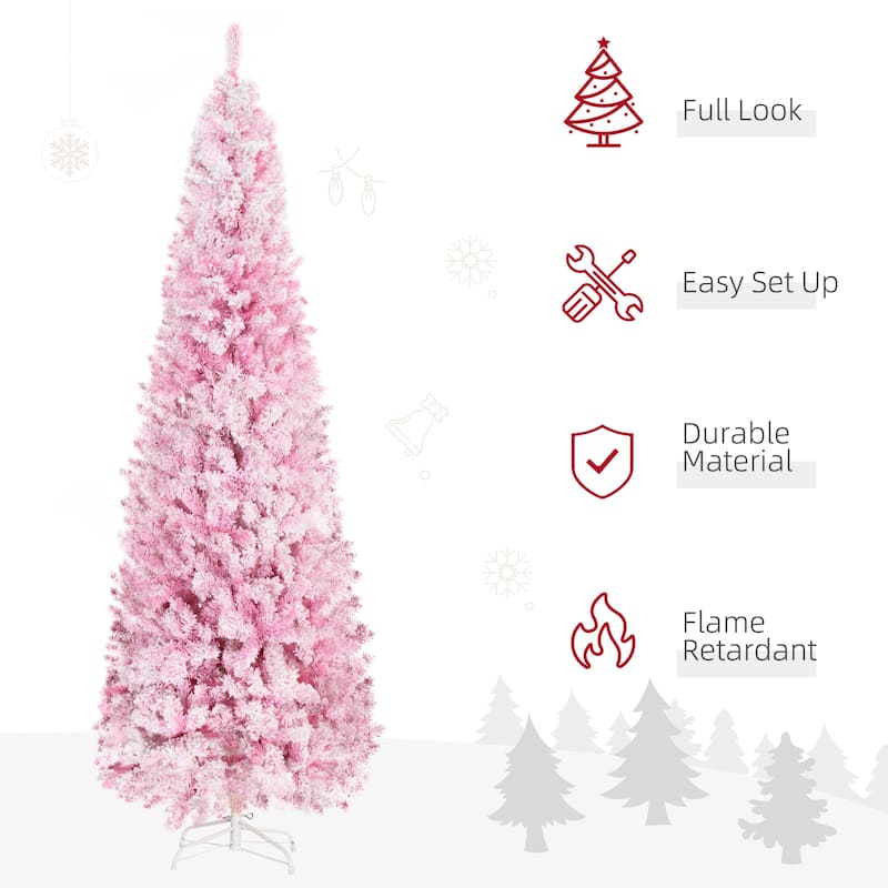 HOMCOM Unlit Snow Flocked Slim Pencil Tree - Pine Shape, Realistic Branches, Pink