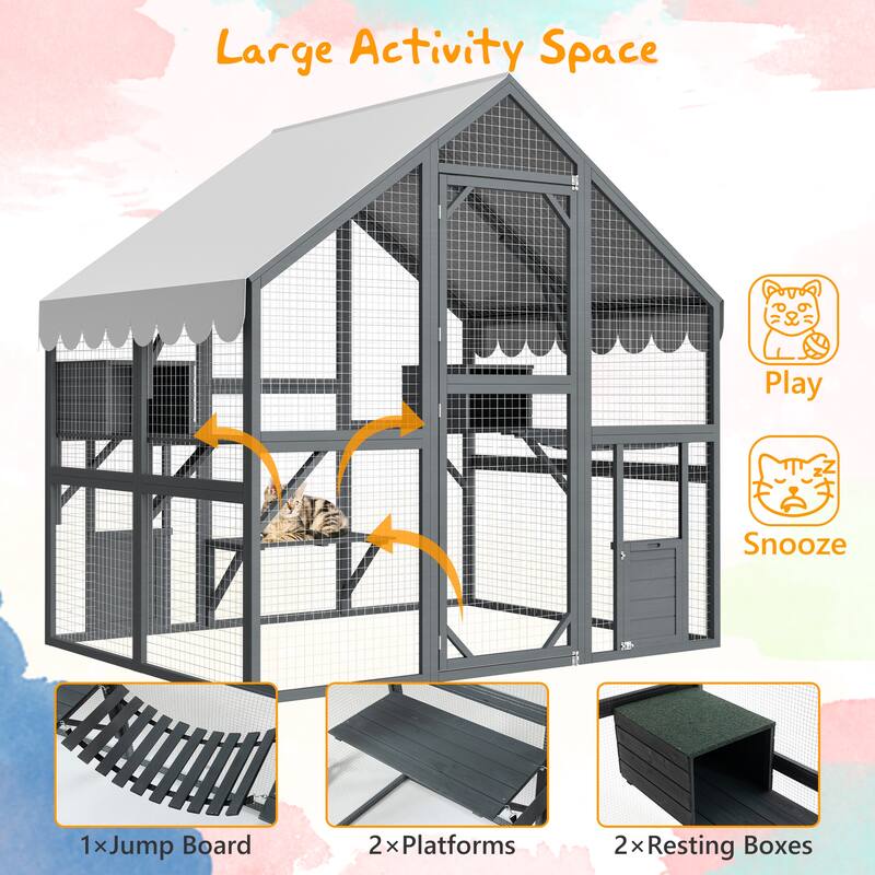 Large Outdoor Cat House - 28ft² Walk-In Wooden Catio with Cat Doors, Playpens, Bridges & Roof, Grey