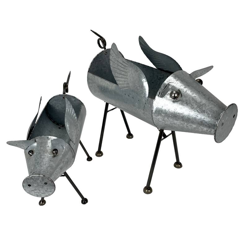 Set Of 2 Flying Pig Planters - Distressed Metal - Whimsical Farmhouse - 20 X 23.5 X 8.5 inches