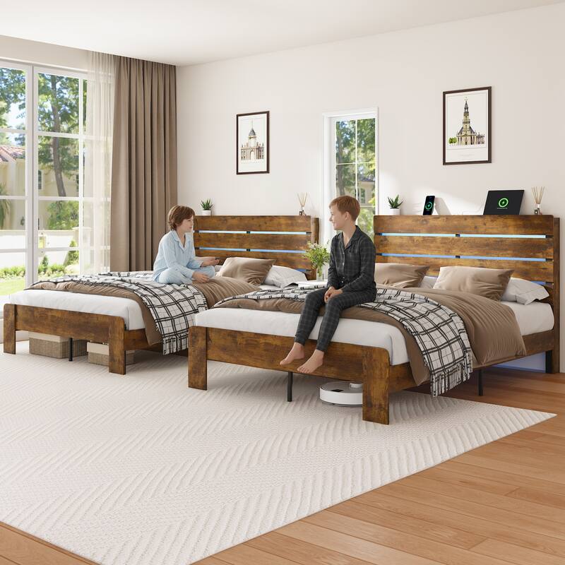 Bed Frame with Headboard and Footboard, with Under Bed Storage, LED Lights, Charging Station