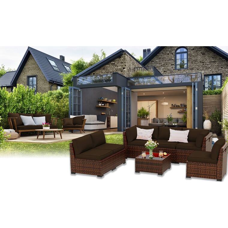 14 Pcs Outdoor Furniture Replacement Cushions Fits 6-seat Sectional Rattan Conversation Set (Only cushions+covers, no sofa.)