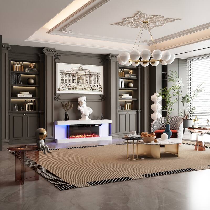 Modern Electric Fireplace TV Stand, High Gloss White Console, 40" LED Insert