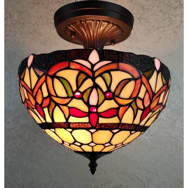 Tiffany Style Stained Glass Semi-flush Pendant Lamp from Amora Lighting